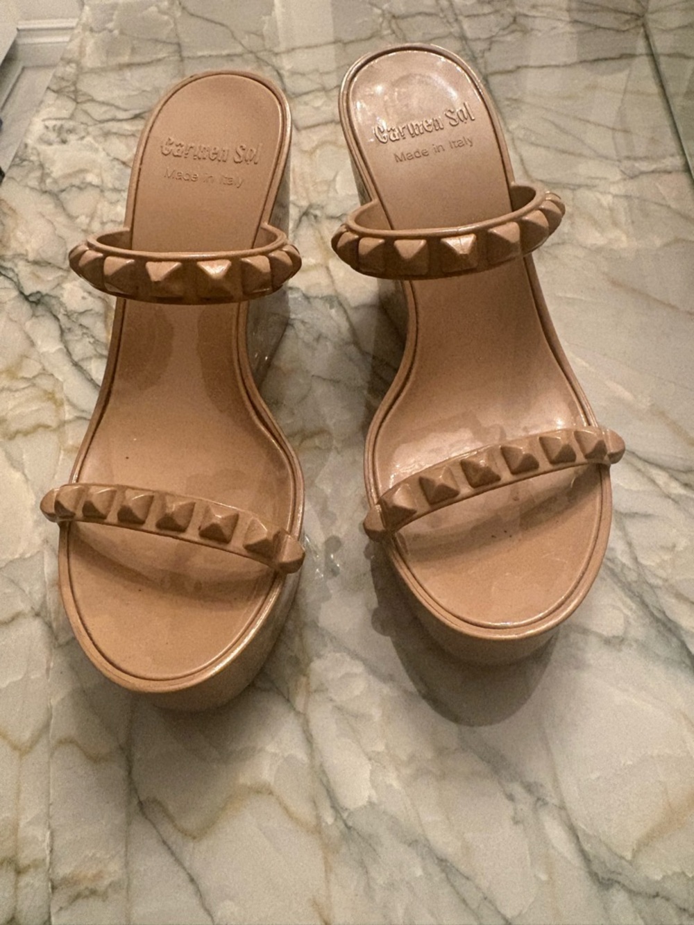 Carmen Sal Beige Studded Double-Strap Slide Mules